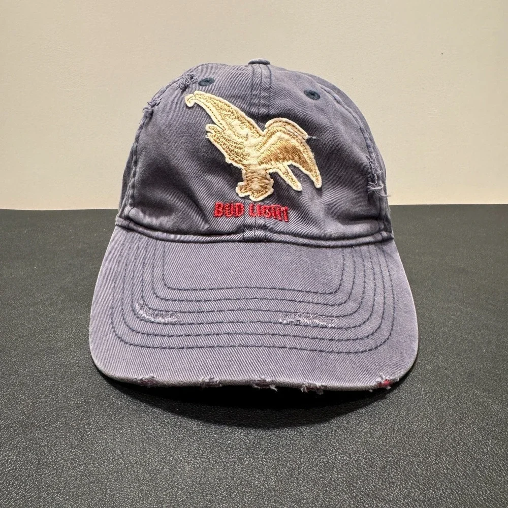 Bud Light‎ Baseball Cap Men OS Blue Cotton Leather Heritage Dad Hat Distressed